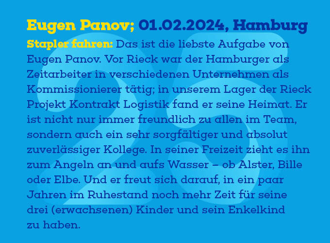 Text in gelb und blau auf blauem Hintergrund über Eugen Panov und seine Arbeit als Staplerfahrer in Hamburg.