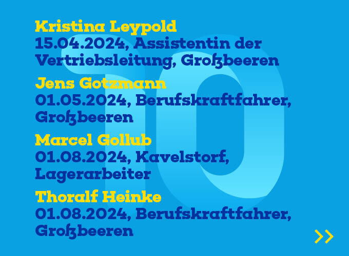 4 Mitarbeiter und wann sie ihr 10‑jähriges Jähriges im Unternehmen hatten.