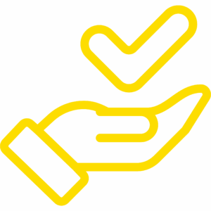 Hand mit Häkchen-Symbol auf gelbem Hintergrund.