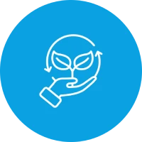 Hand hält Pflanze mit Blättern und Pfeilen im Kreis, Symbol für Nachhaltigkeit, weiß auf blauem Hintergrund.