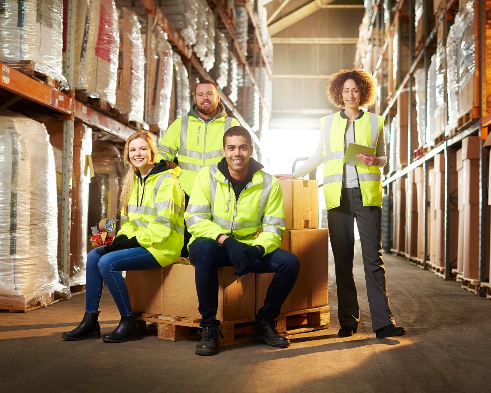 Vier Lagerarbeiter in Warnwesten in einem Lagerhaus, zwei sitzen auf einer Palette, zwei stehen.