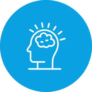 Kopf mit Gehirn und Lichtstrahlen auf blauem Hintergrund.