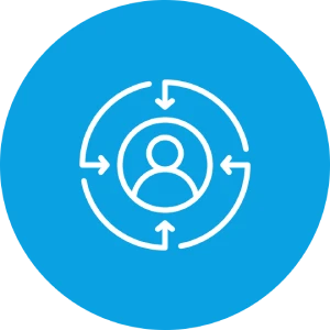 Personensymbol mit umlaufenden Pfeilen in einem blauen Kreis