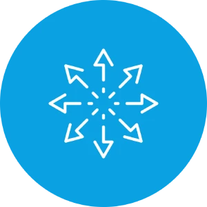 Weißes Symbol mit acht Pfeilen, die von einem Mittelpunkt in verschiedene Richtungen zeigen, auf blauem Hintergrund.