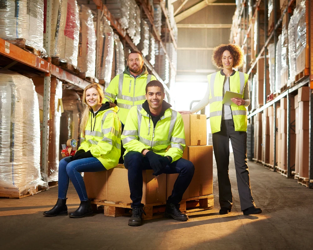 Vier Lagerarbeiter in Warnwesten in einem Lagerhaus, umgeben von Regalen mit Paletten.