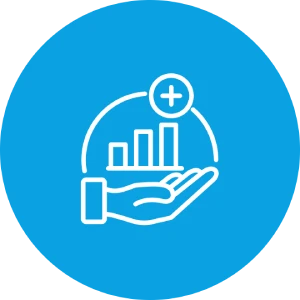 Hand hält steigendes Balkendiagramm mit Pluszeichen in blauem Kreis