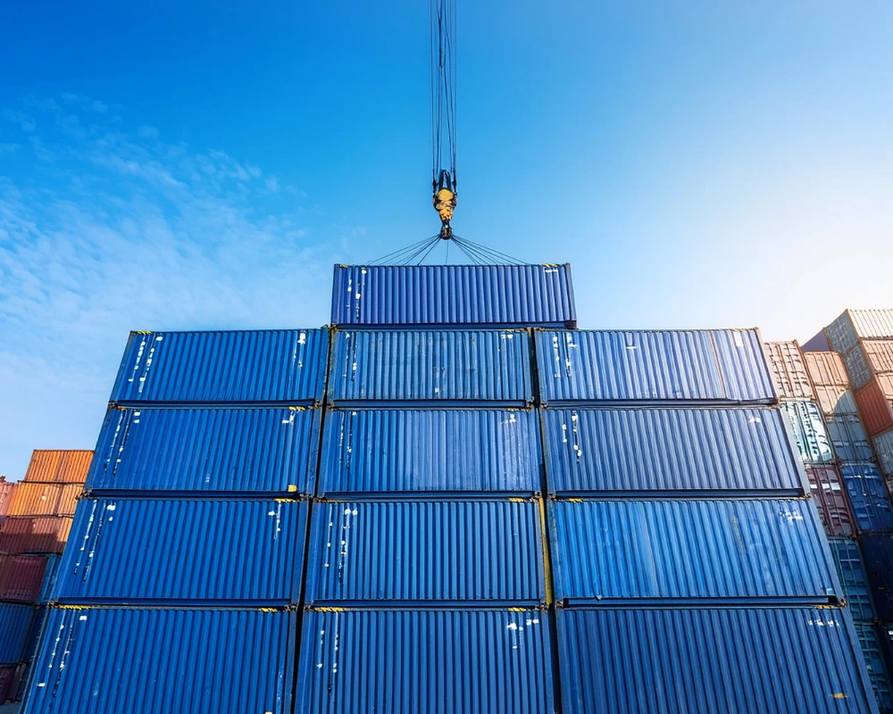 Stapelhafte blaue Frachtcontainer, die von einem Kran gehoben werden.