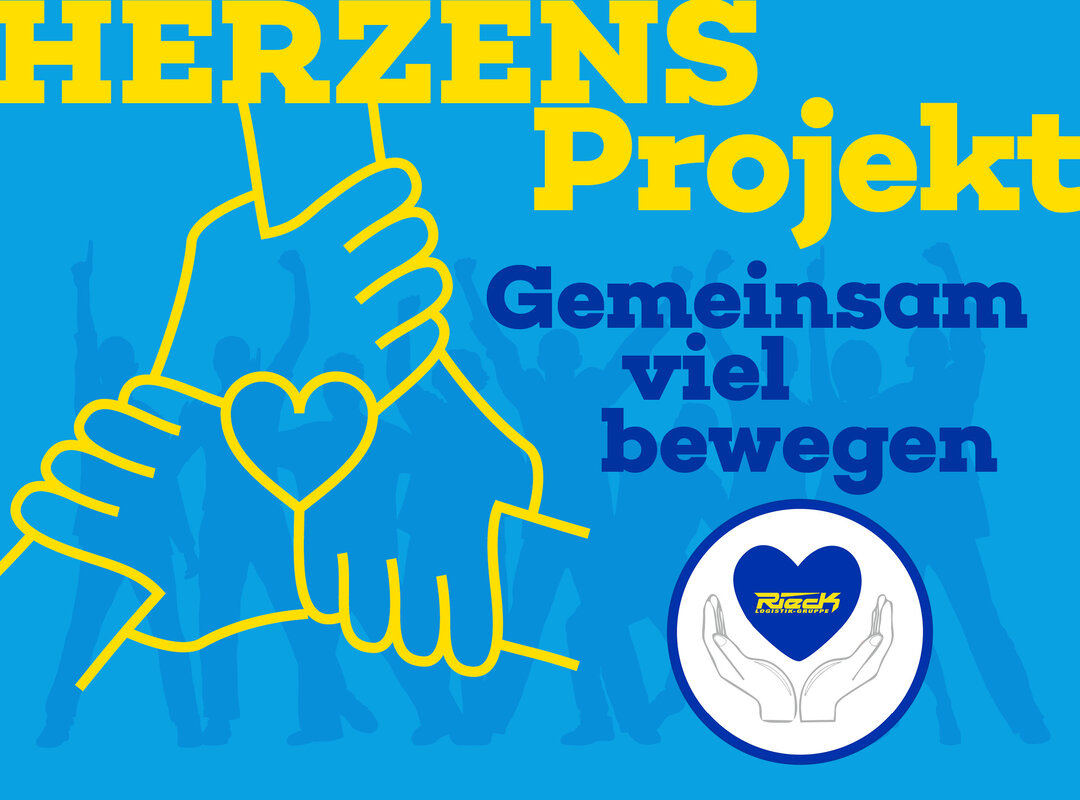 Grafik mit drei ineinandergreifenden Händen, Herzsymbol und Text "HERZENS Projekt Gemeinsam viel bewegen" auf blauem Hintergrund.