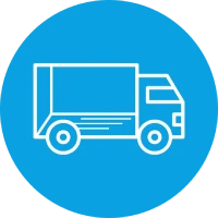 Weißes LKW-Symbol auf blauem Kreis-Hintergrund.