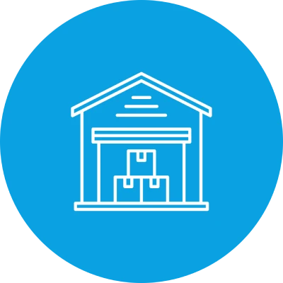 Lagerhaus mit Kartonsymbol auf blauem Hintergrund