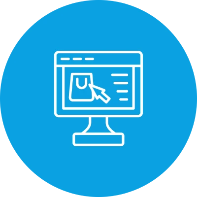 Computerbildschirm mit Online-Shopping-Symbol und Cursor auf Einkaufstasche, blauem Hintergrund.