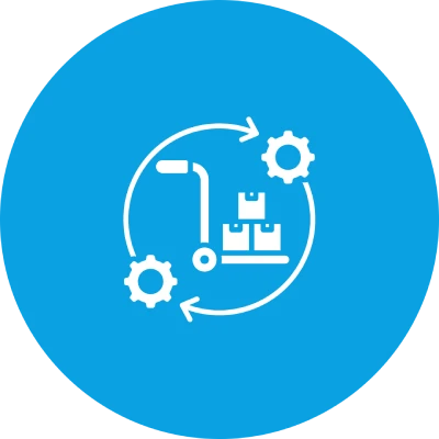 Symbol für Logistik und Warenumschlag mit Handwagen, Paketen und Zahnrädern auf blauem Hintergrund