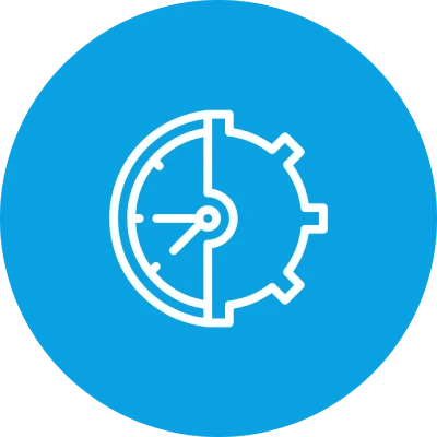 Symbol einer halb Uhr, halb Zahnrad auf blauem Hintergrund