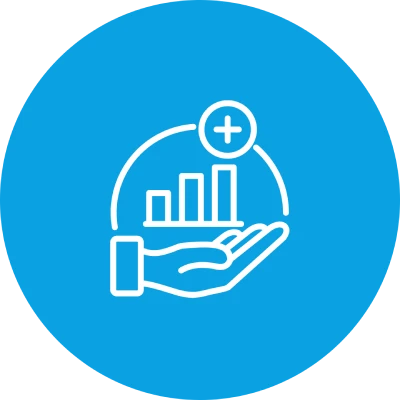 Hand hält steigendes Balkendiagramm mit Pluszeichen in blauem Kreis