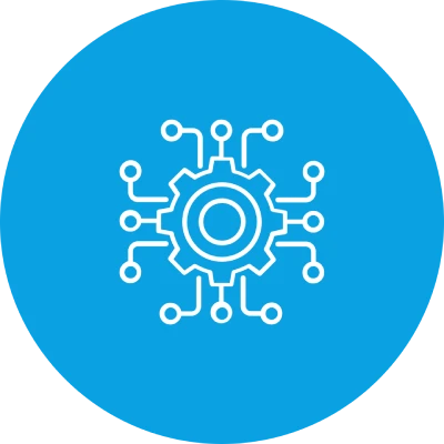 Zahnrad mit verbundenen Schaltkreisen auf blauem Hintergrund.