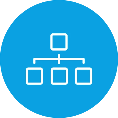 Organigramm-Symbol in weiß auf blauem Kreis-Hintergrund.