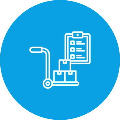 Handwagen mit Paketen und Checkliste auf blauem Hintergrund