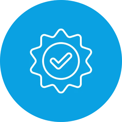 Blaues Symbol mit weißem Abzeichen und Häkchen in der Mitte.