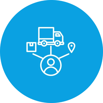 Symbol für Lieferverfolgung mit Person, LKW, Paket und Standortpin auf blauem Hintergrund.