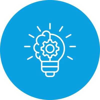 Glühbirne mit Zahnrad und Gehirn-Symbol auf blauem Hintergrund.