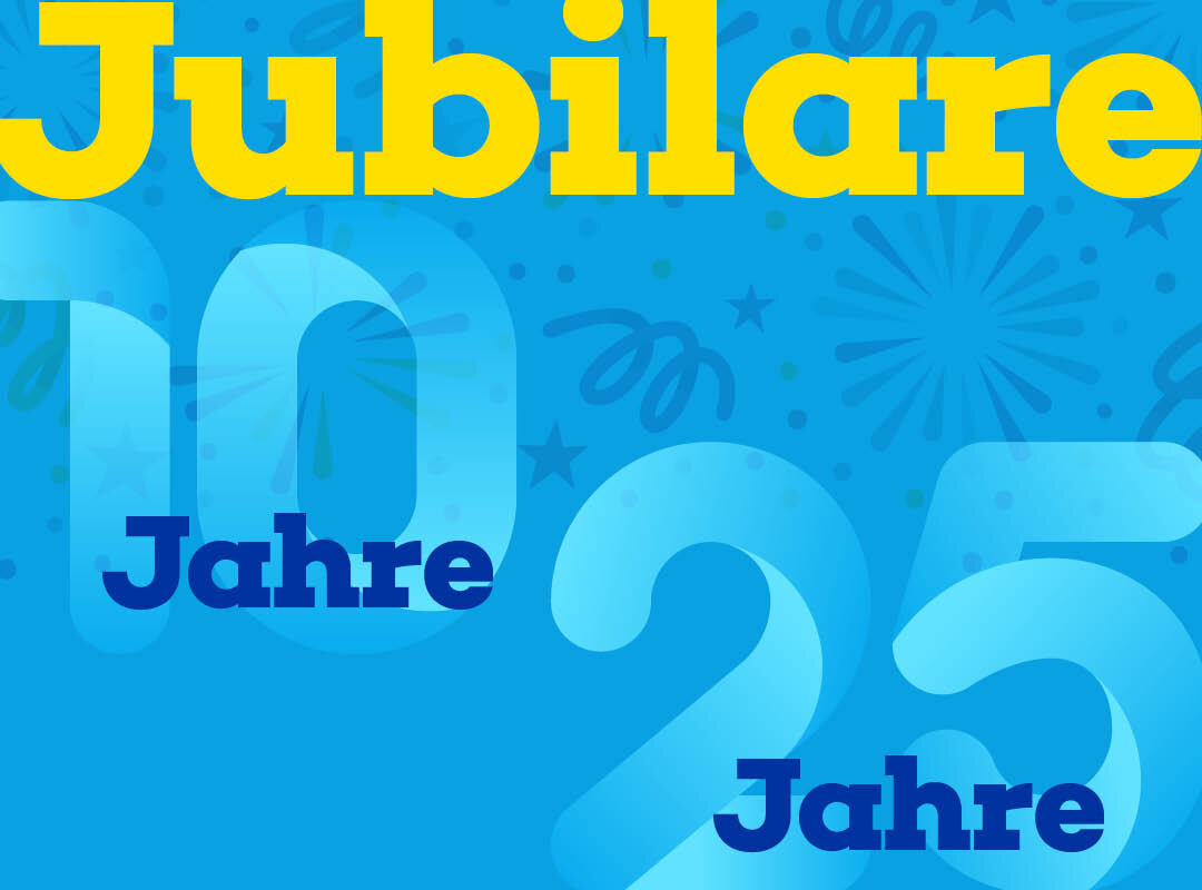Bunte Grafik mit den Worten Jubilare, 10 Jahre und 25 Jahre vor blauem Hintergrund mit Feuerwerksmotiven.