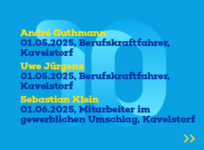 Liste mit drei Namen, Daten und Berufsbezeichnungen auf blauem Hintergrund.