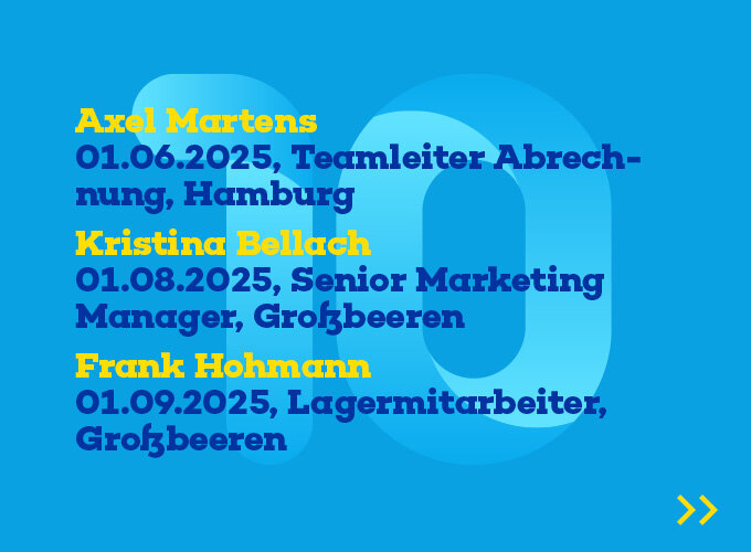 Liste mit drei Namen, Daten, Positionen und Orten auf blauem Hintergrund.