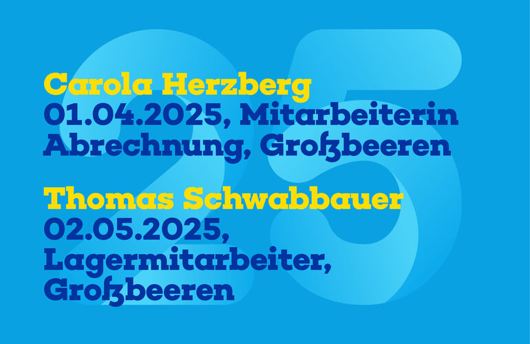 Zwei Termine mit Namen, Positionen und Orten auf blauem Hintergrund.